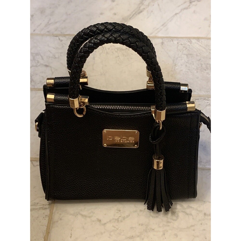 BEBE Purse Small Satchel Classy Elegant Black Handbag - Detachable Leather Strap